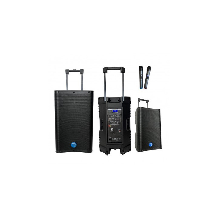 ALTAVOZ AUTOAMPLIFICADO CON BATERIA SEVEN 15'' CON BLUETOOTH/USB Y 2 MICROFONOS INALAMBRICOS POTENCI