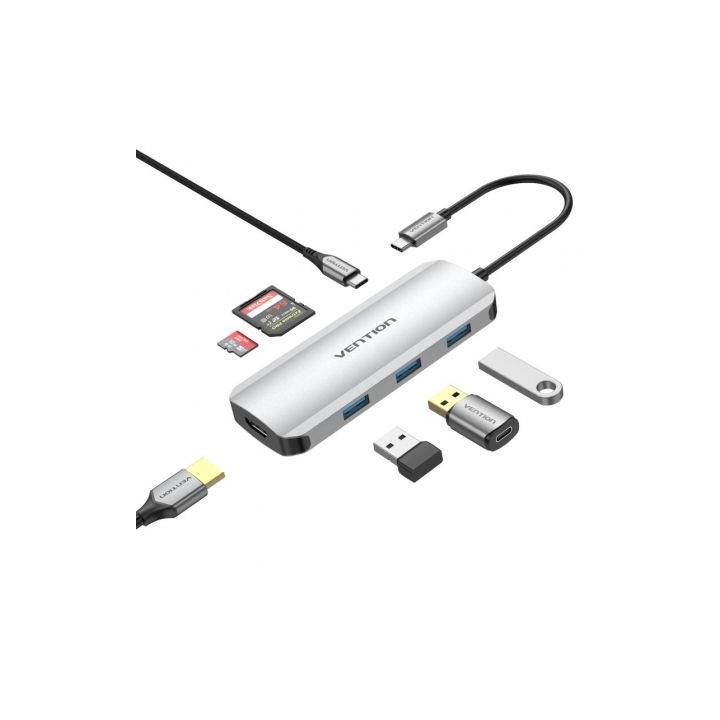 Docking USB Tipo-C Vention TOJHB/ 1xHDMI/ 3xUSB/ 1xUSB Tipo-C/ 1xLector tarjetas/ Gris