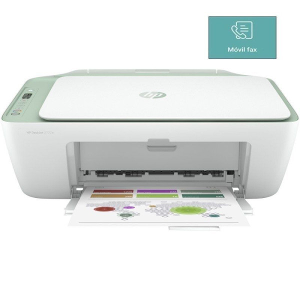Impresora Multifuncion HP Deskjet 2722e WiFi/ Fax Movil/ Blanca y Verde