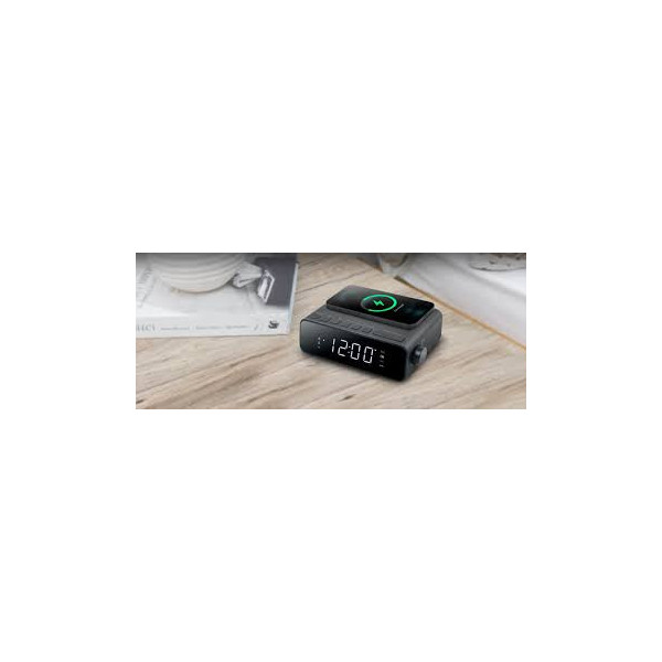 DESPERTADOR MUSE CON RADIO FM PLL, CARGADOR POR INDUCCION Y USB COLOR NEGRO MOD. M-175WI