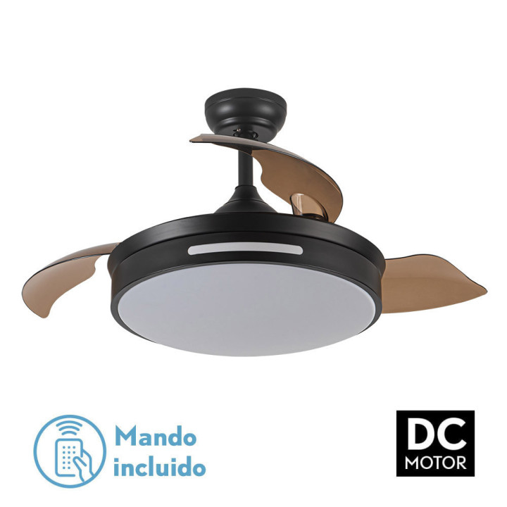 VENTILADOR DE TECHO DC 72W MODELO MICENAS COLOR NEGRO 3 ASPAS DESPLEGABLES 6 VELOCIDADES LUZ LED 300