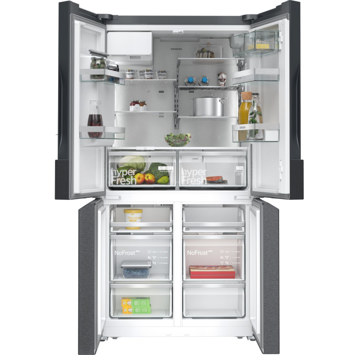 FRIGORIFICO 4 PUERTAS CON DISPENSADOR DE HIELO Y AGUA SIEMENS 183x90.5 NO FROST CLASE E BLACK INOX M