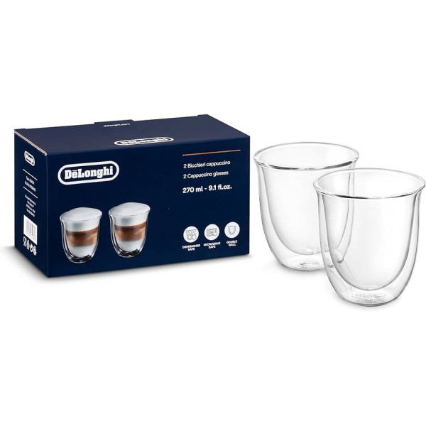 SET DE TAZAS DE'LONGHI , JUEGO 2 VASOS CAPPUCINO, TRANSPARENTES 270 ML MOD:DLSC311
