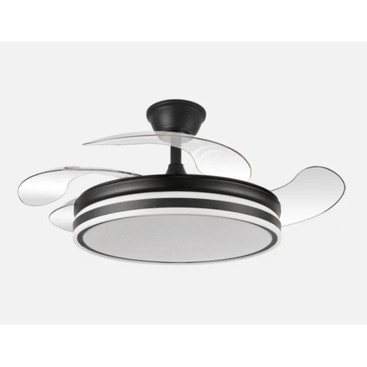 VENTILADOR DE TECHO ABRILA MODELO BAYOMO 59W 4 ASPAS TRANSPARENTES MOTOR DC 6980LM NEGRO MOD:1425914