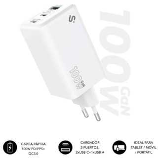 CARGADOR PARED GAN SUBBLIM 100W CHARGER USB C C A/ 2xUSB TIPO-C/1xUSB /100W