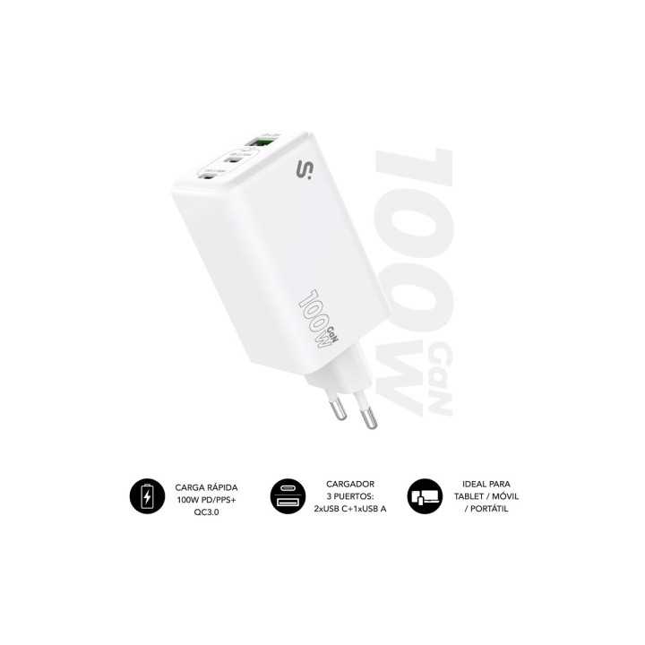 CARGADOR PARED GAN SUBBLIM 100W CHARGER USB C C A/ 2xUSB TIPO-C/1xUSB /100W