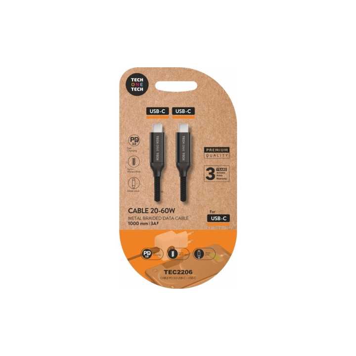 CABLE USB 2.0 TIPO-C TECH ONE TECH TEC2206 USB TIPO-C MACHO- USB TIPO-C MACHO/HASTA 60W/480MBPS/1M N