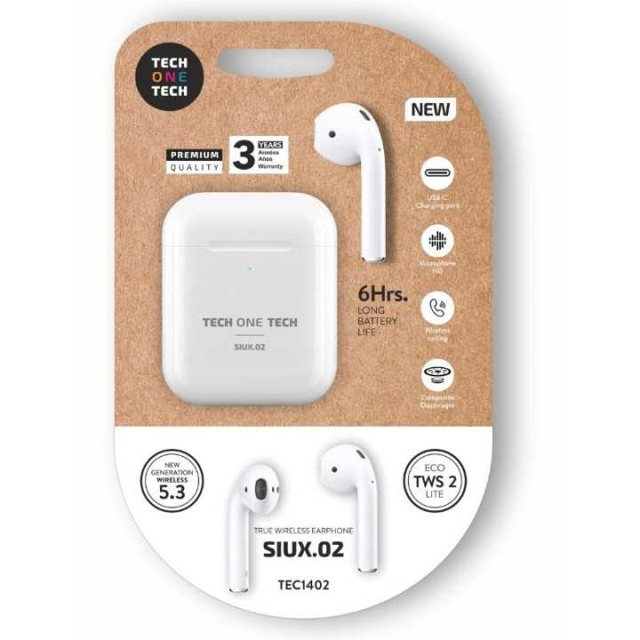 AURICULARES BLUETOOTH TECH ONE TECH SIUX.02 TECH1402/CON ESTUCHE DE CARGA /AUTONOMIA 6H/ BLANCOS