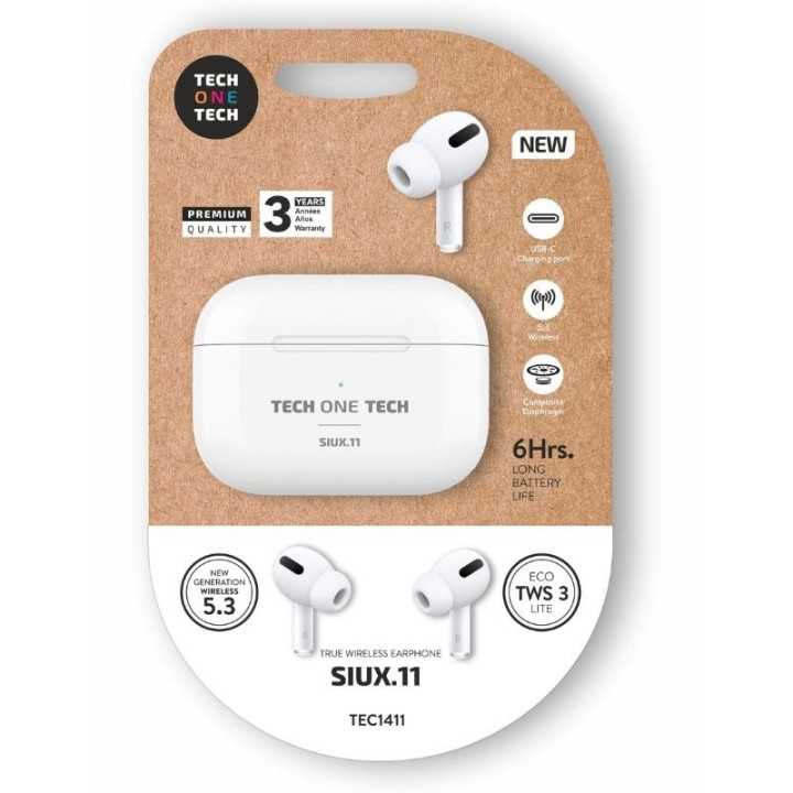 AURICULARES BLUETOOTH TECH ONE TECH SIUX.1 TECH1411/CON ESTUCHE DE CARGA /AUTONOMIA 6H/ BLANCOS
