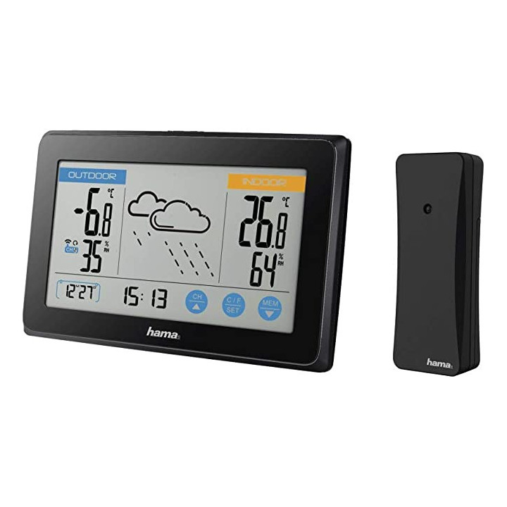 ESTACION METEOROLOGICA HAMA CON SENSOR EXTERIOR TOUCH COLOR NEGRA